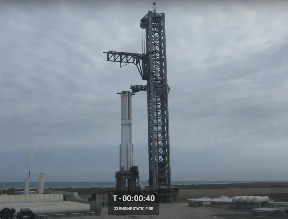 SpaceX's Super Heavy booster on the launchpad at the Starbase facility.