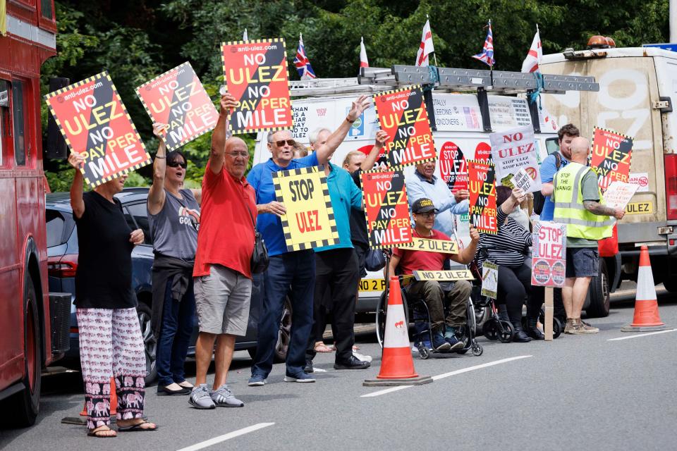 Residents of Uxbridge and Hiliingdon stage a demonstration to protest against Sadiq Khan’s proposed ULEZ zone extension.   Image shot on 9th July 2023