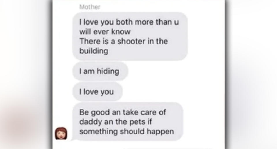Alexi Scharmann's mother sent text message from inside the Maryland Rite Aid warehouse where the shooting happened.