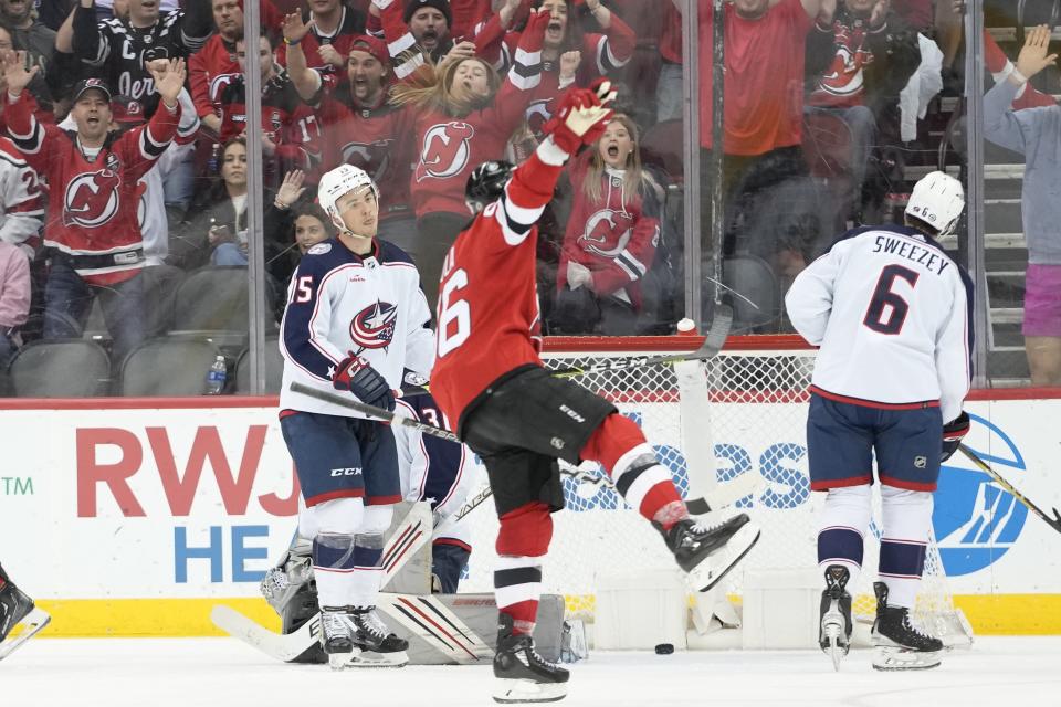 New Jersey Devils left wing Erik Haula (56) celebrates a goal against the Columbus Blue Jackets during the third period of an NHL hockey game Thursday, April 6, 2023, in Newark, N.J. The Devils won 8-1. (AP Photo/Mary Altaffer)