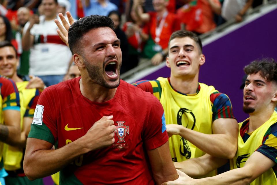 Goncalo Ramos celebrates a hat-trick for Portugal in the last-16 (REUTERS)