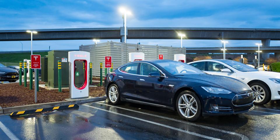 Tesla charging at Supercharger in Pleasanton, California.