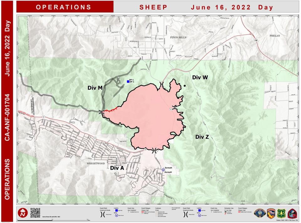 Firefighters on Thursday continued mop-up efforts for the Sheep Fire near Wrightwood, which was at 865 acres, with 85% containment.