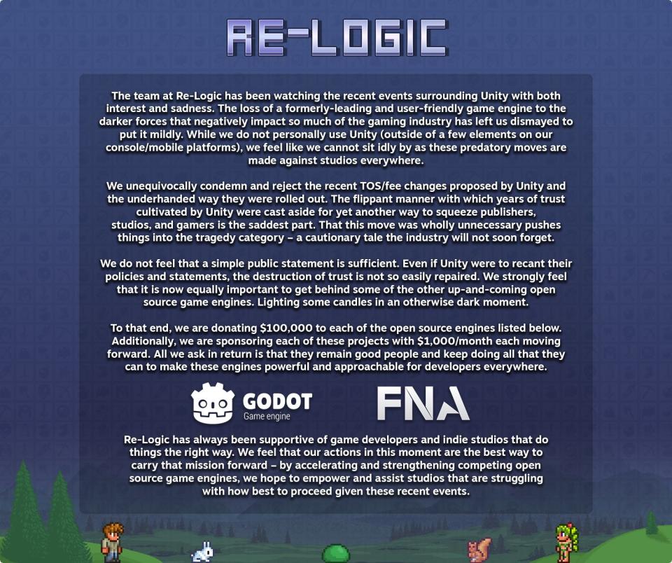 Re-Logic, estudio de Terraria, arremetió contra Unity en su comunicado