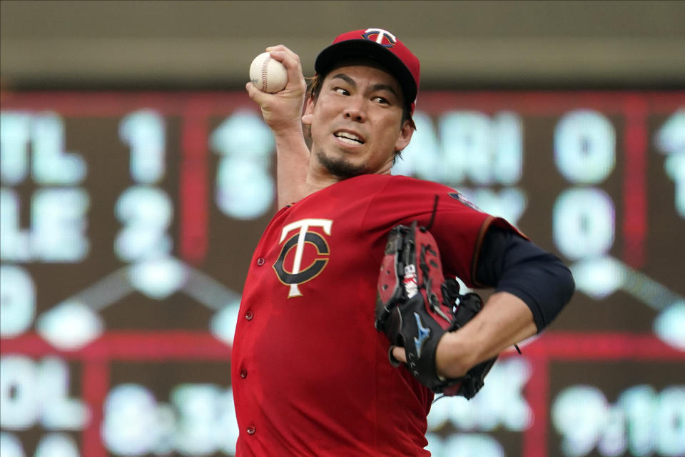 Minnesota Twins' pitcher Kenta Maeda throws to a Detroit Tigers batter during the first inning of a baseball game Tuesday, July 27, 2021, in Minneapolis. (AP Photo/Jim Mone)