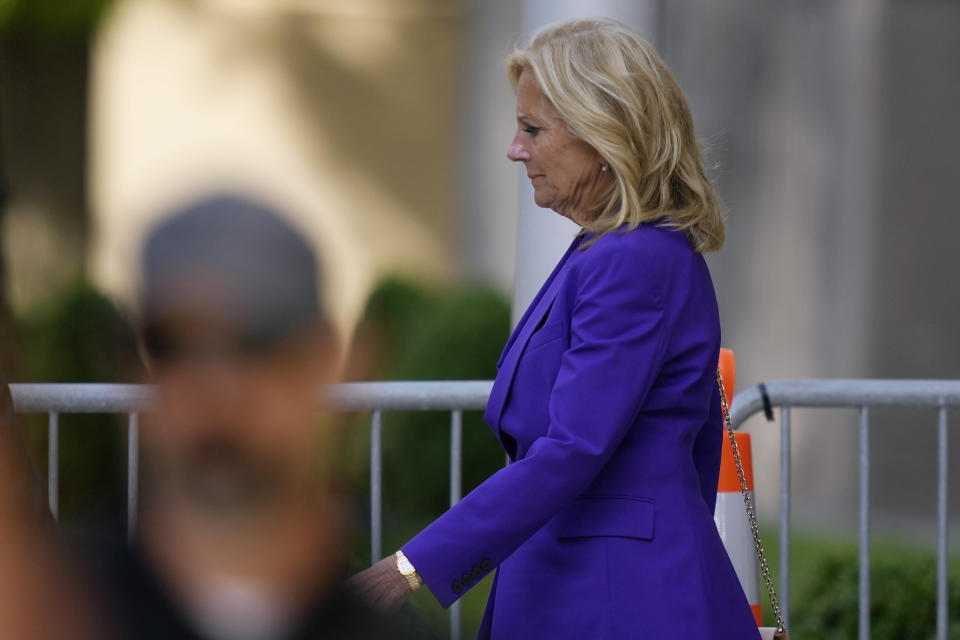 First lady Jill Biden departs from federal court, Monday, June 3, 2024, in Wilmington, Del. (AP Photo/Matt Slocum)