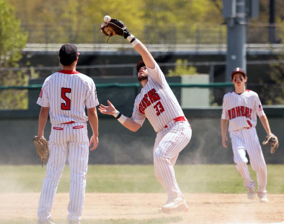 Brockton's first basemen Zeke Inchaustegui makes the catch on fly ball off the bat of a Braintree batter during a game on Friday, April 21, 2023. 