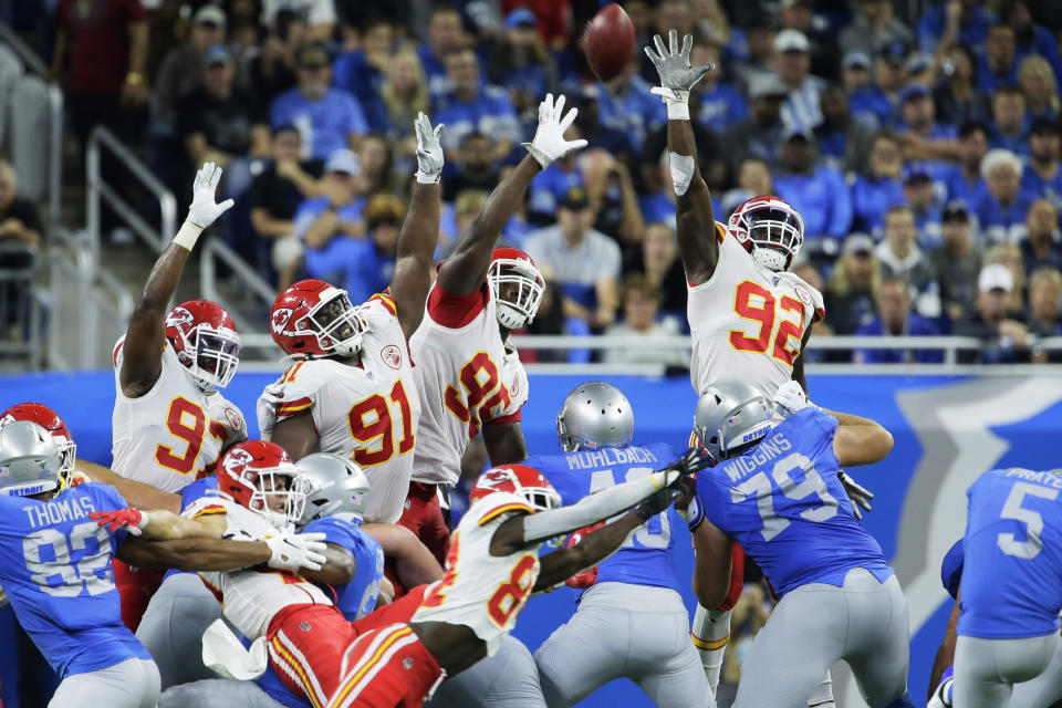 The Kansas City Chiefs defense attempts to block a field goal by Detroit Lions kicker Matt Prater (5) during the first half of an NFL football game, Sunday, Sept. 29, 2019, in Detroit. (AP Photo/Duane Burleson)