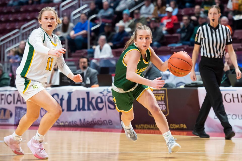 Blackhawk's Kassie Potts dribbles the ball during the PIAA Class 4A Girls' Basketball Championship against Lansdale Catholic at the Giant Center on March 25, 2023, in Hershey. The Crusaders won, 53-45.