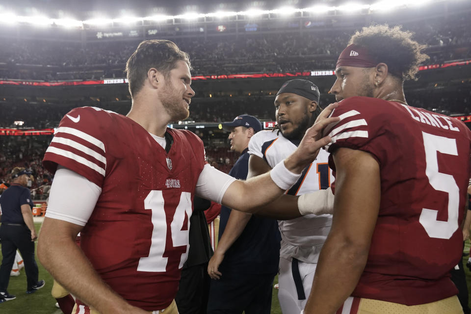 San Francisco 49ers quarterback Sam Darnold reportedly won the backup battle with Trey Lance. (AP Photo/Godofredo A. Vásquez)