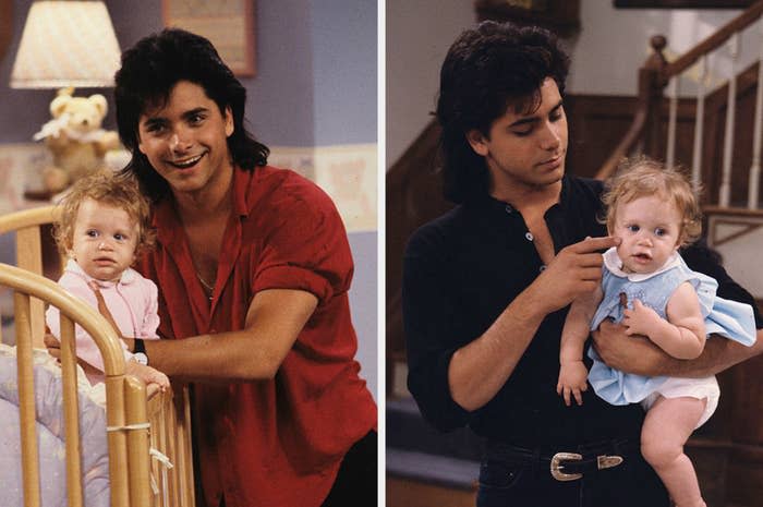 John Stamos on the set of "Full House" with the Olsen twins as Michelle