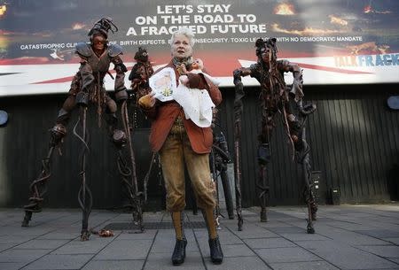 British fashion designer Vivienne Westwood attends an unveiling of a billboard against fracking in central London, Britain, April 27, 2015. REUTERS/Stefan Wermuth