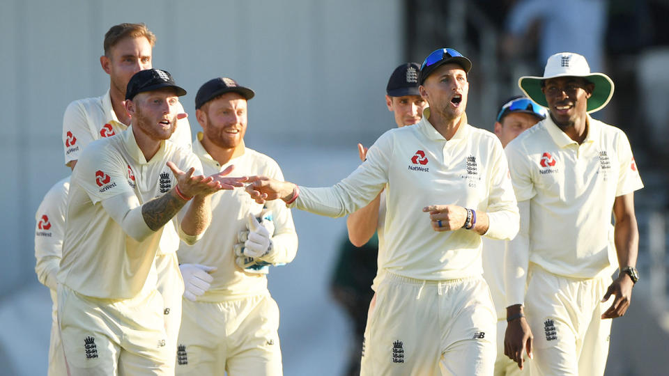 England's players react after taking a wicket during a Test match against India.