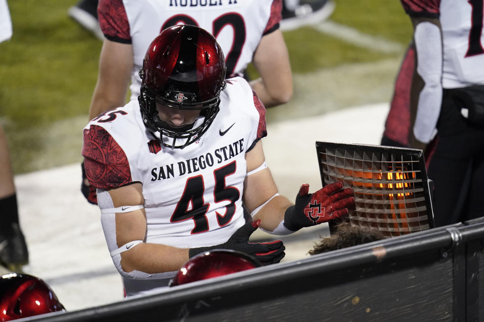 San Diego State defensive lineman Wyatt Draeger attempts to keep warm as temperatures drop in the second half of an NCAA college football game against Colorado, Saturday, Nov. 28, 2020, in Boulder, Colo. (AP Photo/David Zalubowski)