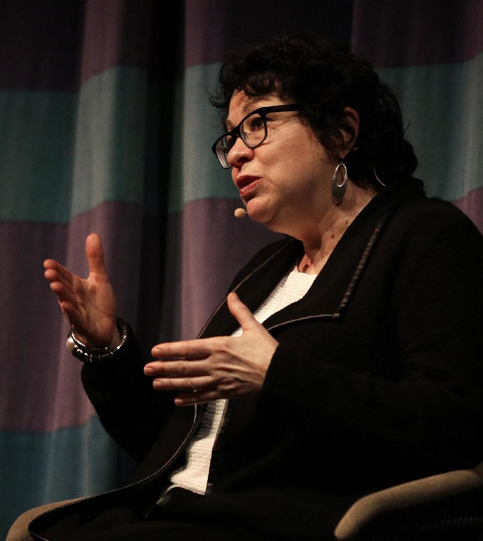 U.S. Supreme Court Justice Sonia Sotomayor gestures during a speech at the University of California at Berkeley on Thursday, March 9, 2017, in Berkeley, Calif. (AP Photo/Ben Margot)