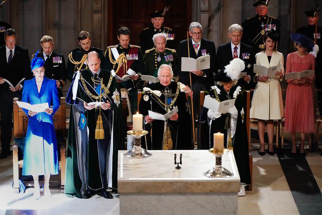 <p>AARON CHOWN/POOL/AFP via Getty Images</p> Kate Middleton, Prince William, King Charles and Queen Camilla at the National Service of Thanksgiving and Dedication at St Giles' Cathedral.