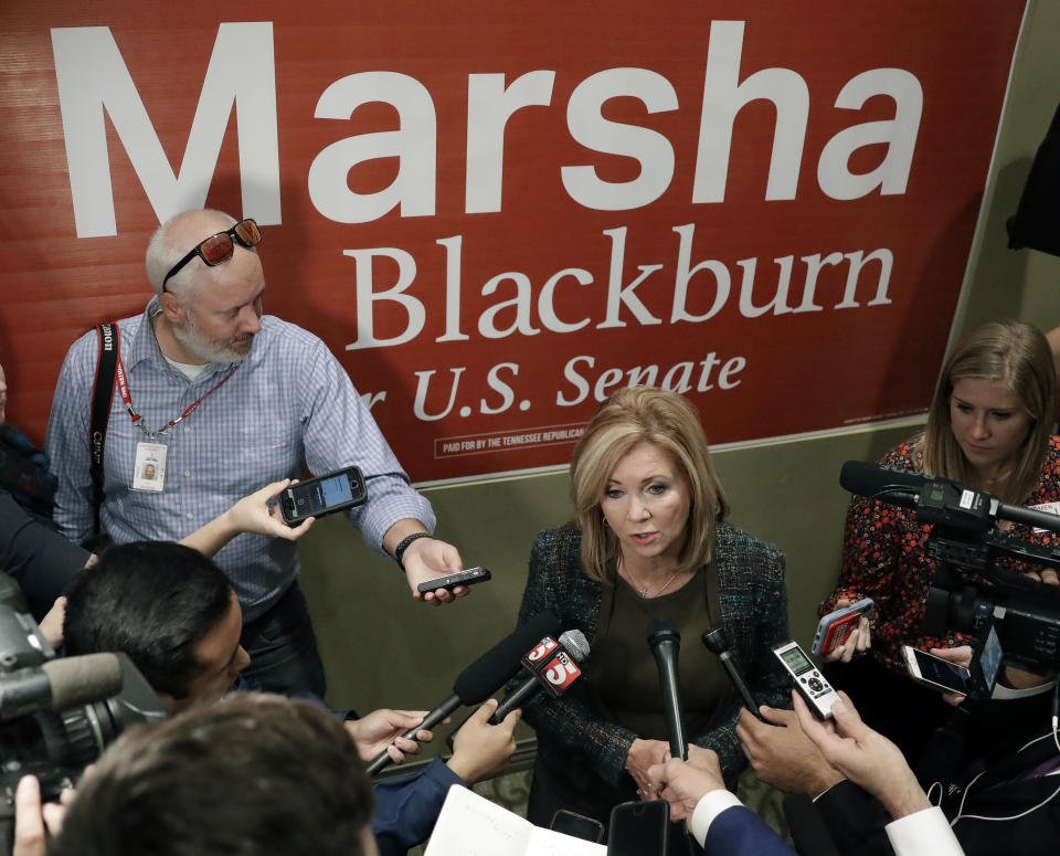 Republican Senate hopeful Marsha Blackburn answers questions during a campaign stop Wednesday, Oct. 17, 2018, in Franklin, Tenn. Wednesday is the first day of Tennessee's early voting. (AP Photo/Mark Humphrey)