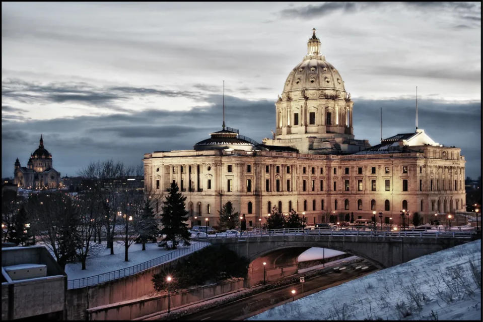 View of Minnesota State Capitol from Cass Gilbert Memorial Park on cold evening via Getty Images