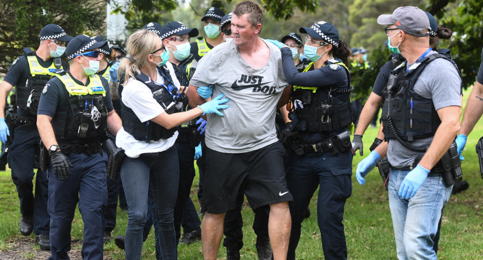 Several arrests were made at the Melbourne march at Fawkner Park. Source: AAP