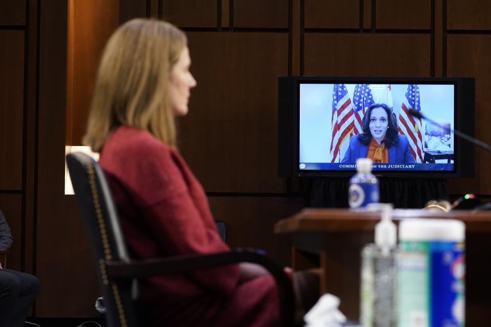 Democratic vice presidential candidate Sen. Kamala Harris, D-Calif., speaks virtually during a confirmation hearing for Supreme Court nominee Amy Coney Barrett before the Senate Judiciary Committee, Tuesday, Oct. 13, 2020, on Capitol Hill in Washington. (AP Photo/Patrick Semansky, Pool)
