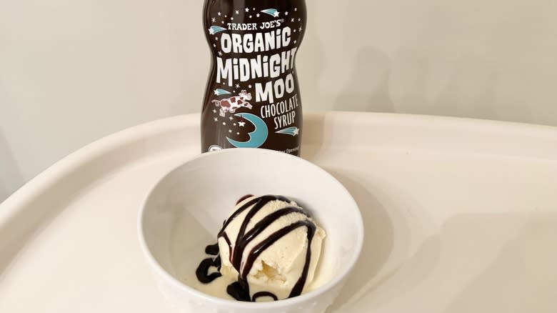 Trader Joe's syrup bottle with ice cream