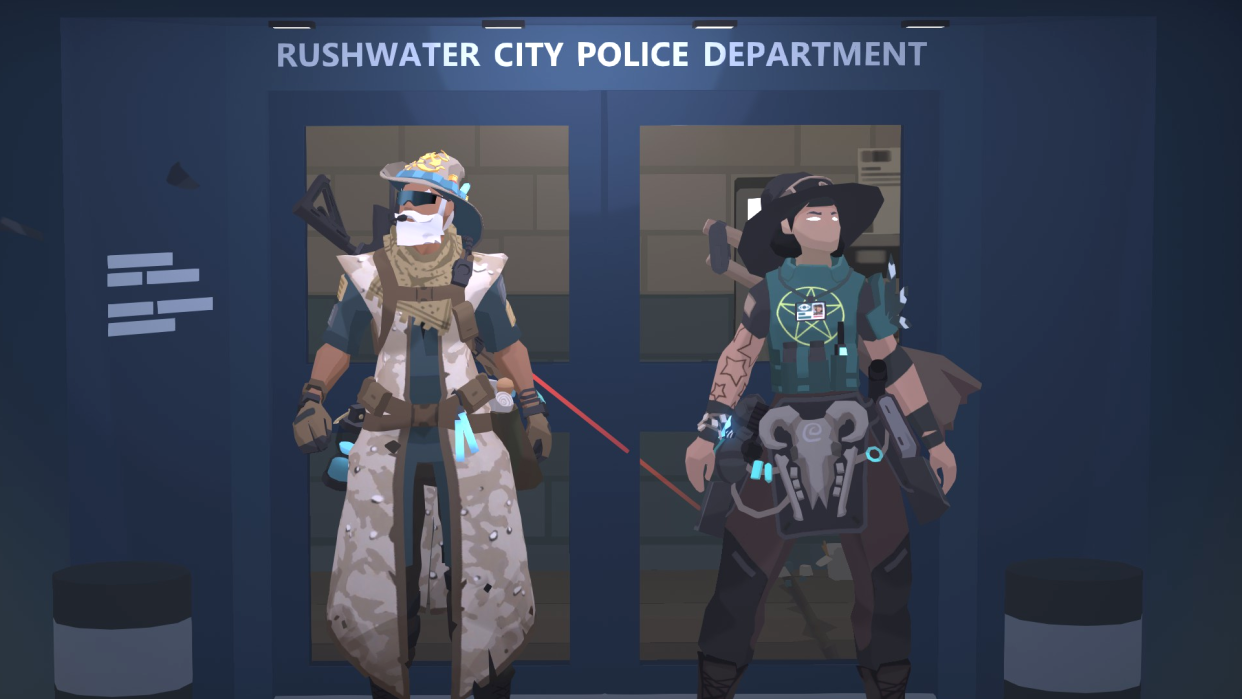  Two world-weary tactical mages stand outside of a police department they just tore through. 