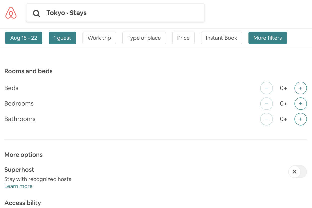 screenshot of airbnb website with stay filters