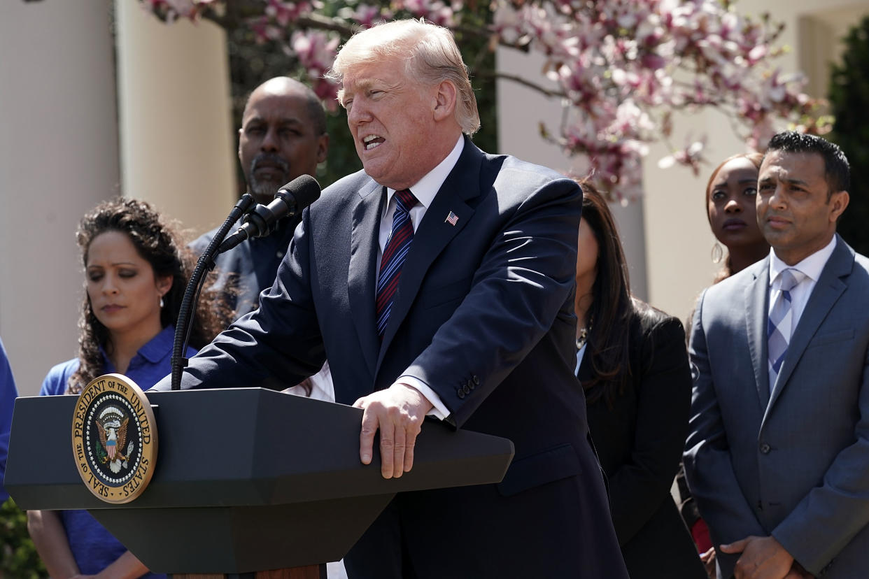 WASHINGTON, DC - APRIL 12:  U.S. President Donald Trump speaks during a Rose Garden event April 12, 2018 at the White House in Washington, DC. President Trump gave remarks on tax cuts for American workers.  (Photo by Alex Wong/Getty Images)