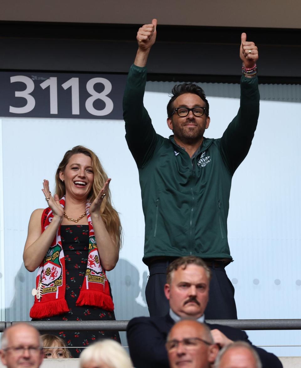 Ryan Reynolds and wife Blake Lively cheering on Wrexham at one of their football matches (The FA via Getty Images)