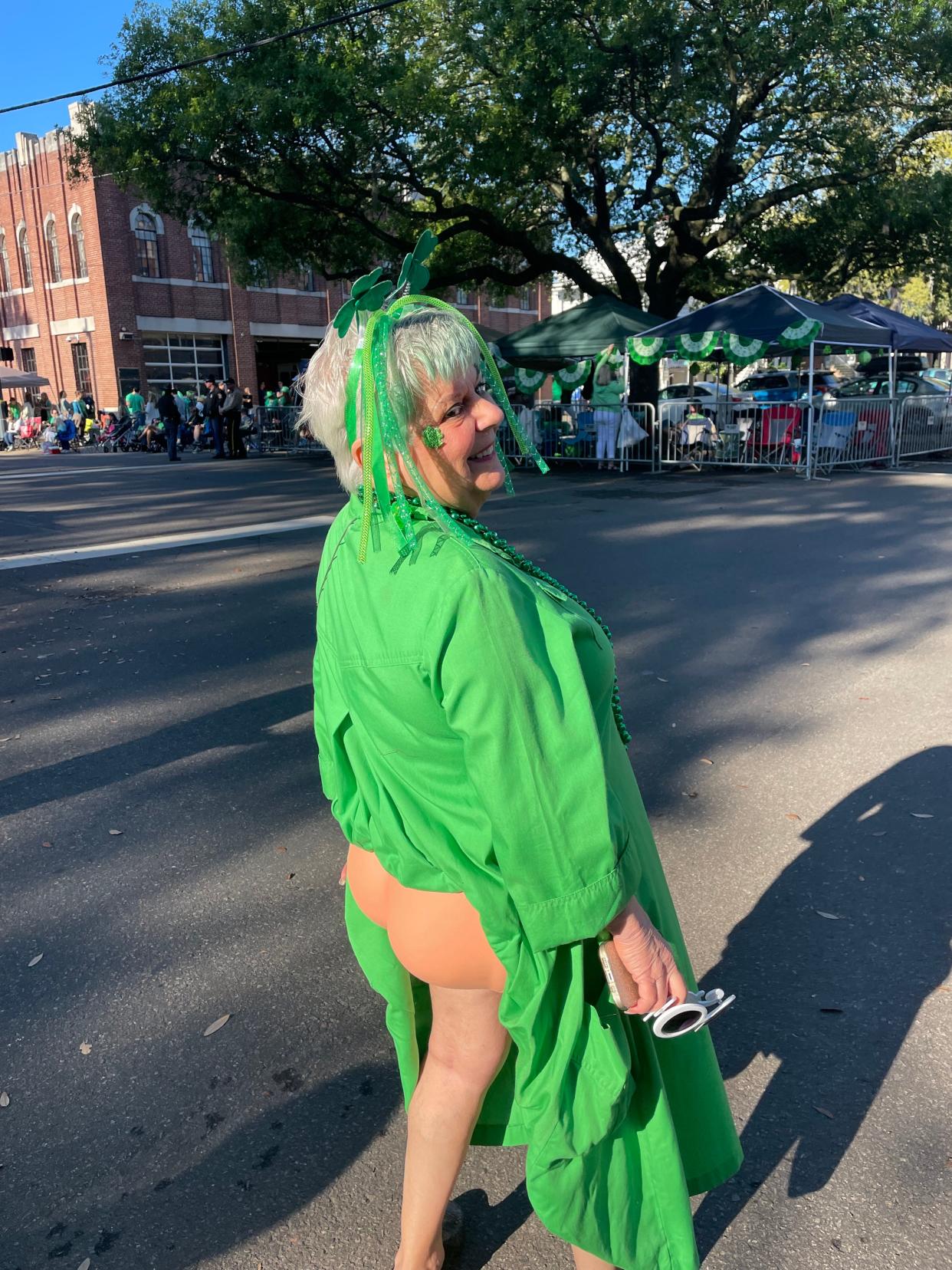 Parade goer Ann Mayer seemed to be missing an important piece of her outfit ahead of the parade on Thursday.