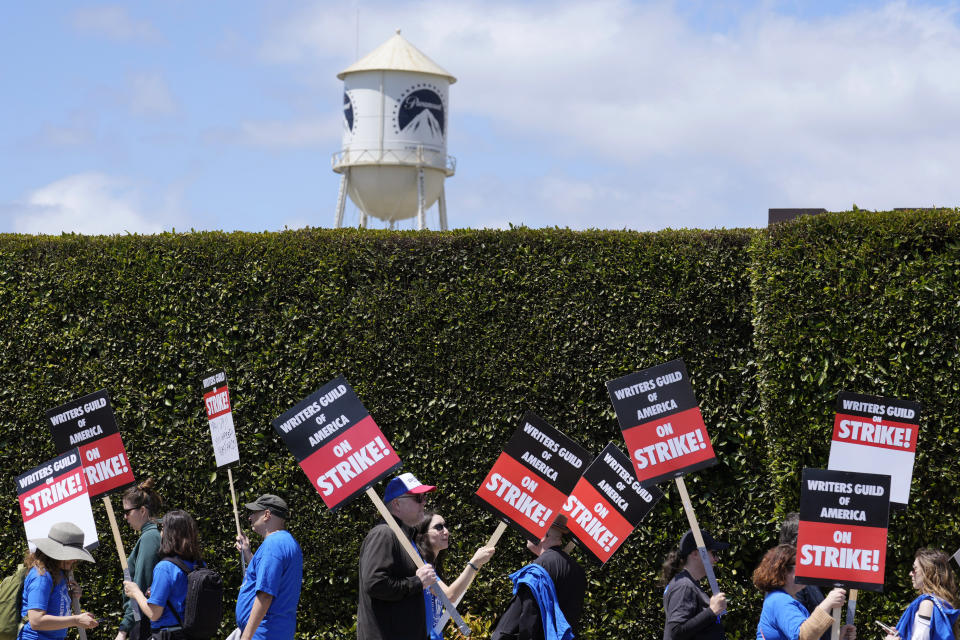 Striking writers take part in a rally in front of Paramount Pictures studio, Tuesday, May 2, 2023, in Los Angeles. (AP Photo/Chris Pizzello)