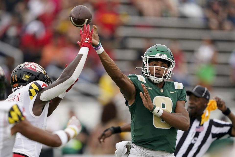 Charlotte quarterback Xavier Williams passes against Maryland during the first half of an NCAA college football game on Saturday, Sept. 10, 2022, in Charlotte, N.C. (AP Photo/Chris Carlson)