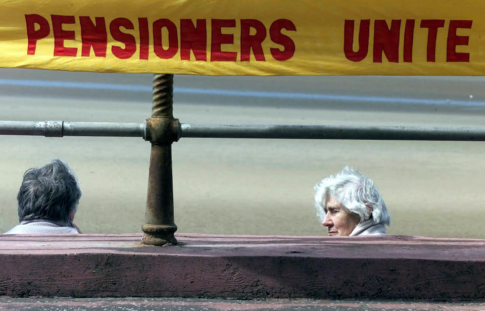 Pensioners taking a break, before a march to mark the start of the three-day National Pensioners Convention in Blackpool's Winter Gardens.   *Organisers of the Pensioners' Parliament, in its sixth year, predicted a record number of more than 2,500 OAPs would take part in the conference. The protest and the conference will raise issues such as the future of the basic state pension, provision of care for the elderly and the need for free and improved public transport. 