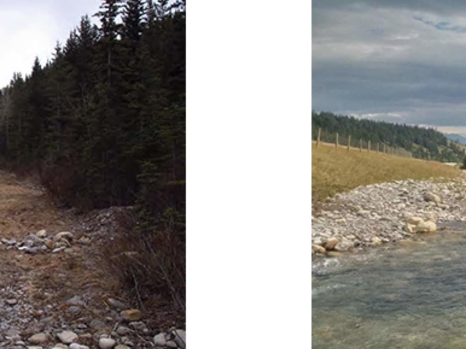 The image on the left shows the creek bed prior to restoration, and the image on the right shows the same spot after restoration work. (Parks Canada - image credit)