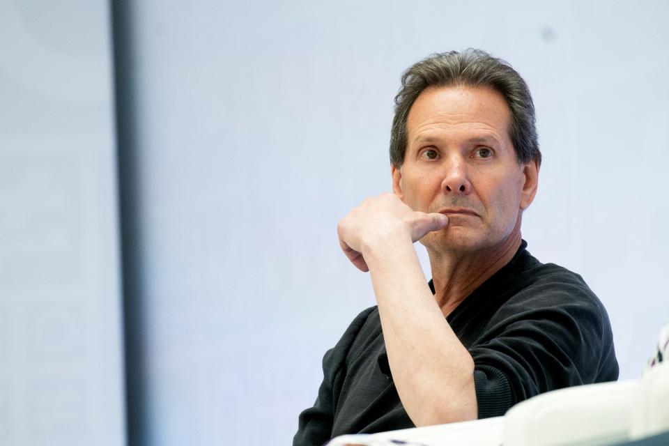 President of PayPal Dan Schulman looks on at the IMF headquarters.