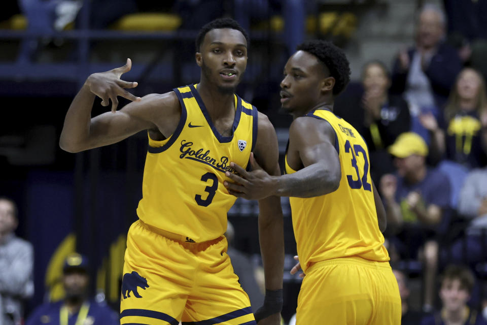 California guard Keonte Kennedy (3) is congratulated by Jalen Celestine (32) after scoring against Stanford during the first half of an NCAA college basketball game in Berkeley, Calif., Friday, Jan. 26, 2024. (AP Photo/Jed Jacobsohn)