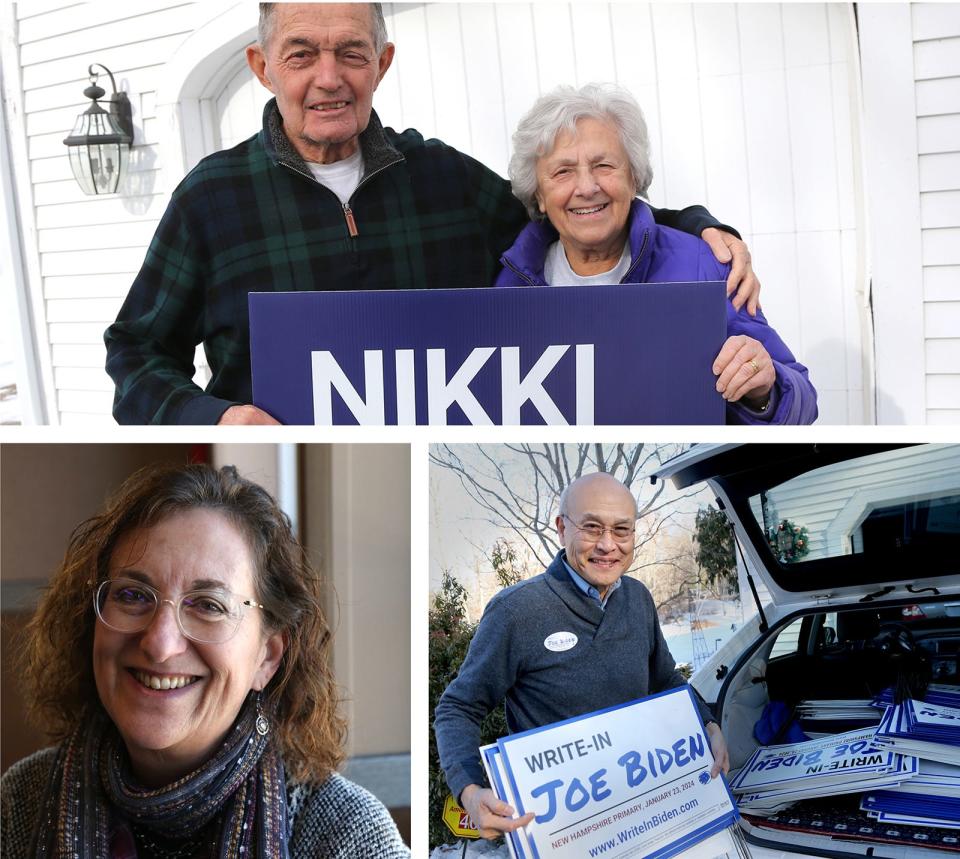 Doug and Stella Scamman, top, of Stratham are supporting Nikki Haley in the 2024 New Hampshire primary, while Walter King of Dover, lower right, works on Joe Biden's write-in campaign, and Linda McGrath of Hampton, lower left, is a loyal Donald Trump supporter.