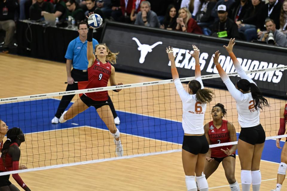 Dec 17, 2022; Omaha, Nebraska, USA;  Louisville Cardinals Claire Chaussee (9) attacks against the Texas Longhorns at CHI Health Center. Mandatory Credit: Steven Branscombe-USA TODAY Sports