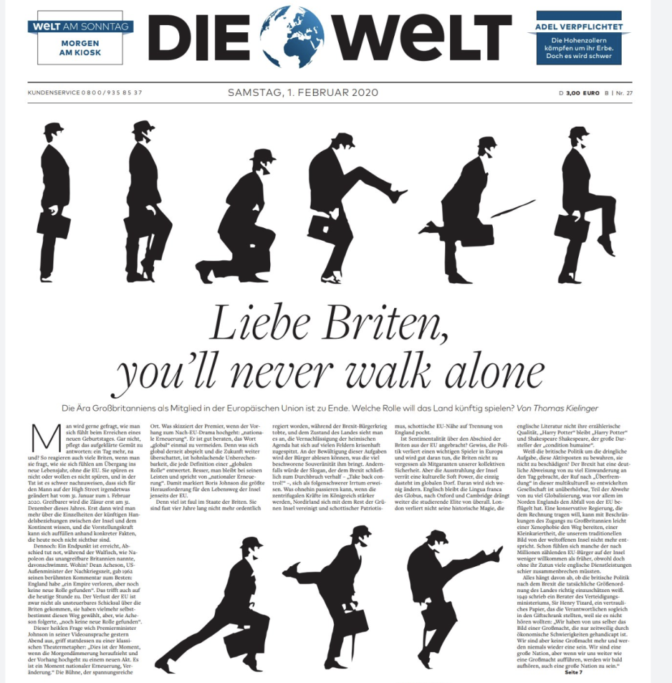 German paper Die Welt posted images of John Cleese's famous Ministry of Silly Walks sketch around the headline "Love Britain, you'll never walk alone"