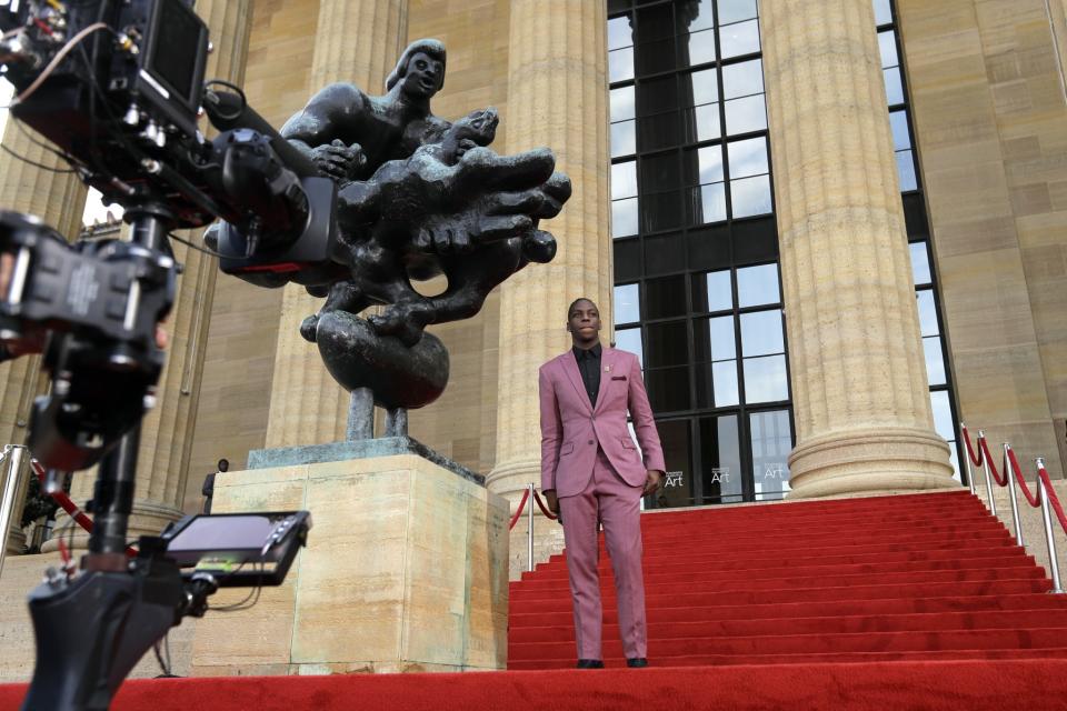 <p>Washington’s John Ross arrives for the first round of the 2017 NFL football draft, Thursday, April 27, 2017, in Philadelphia. (AP Photo/Julio Cortez) </p>