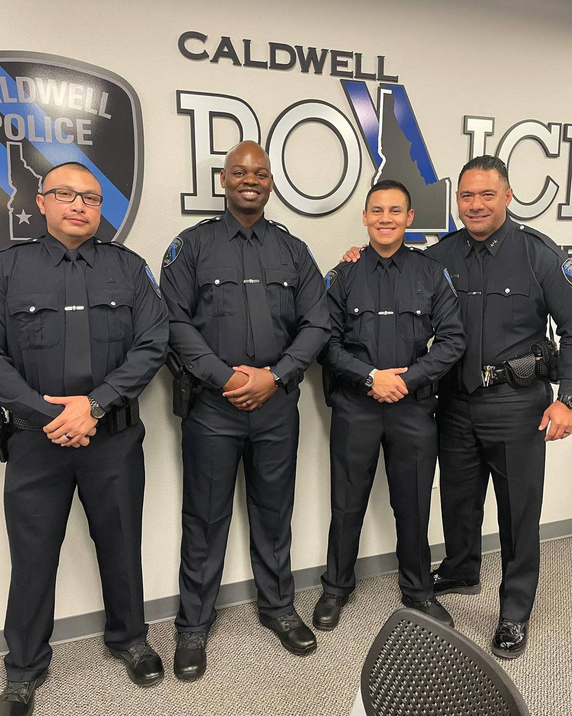 The Caldwell Police Department recently hired four new officers and they were sworn in during a Caldwell City Council meeting on Thursday, Oct. 20, 2022. The officers from left to right: Moises Montes, Dwight Penkey, Nilton Melara and Shawn Sopoaga.