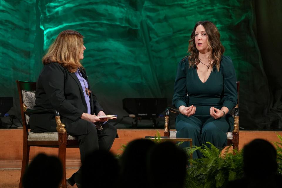 Journalist Connie Schultz, left, interviews Dr. Caitlin Bernard on Monday, Jan. 22, 2024, during an event where she received the Our Choice Coalition Torchbearer Award at the Indiana Roof Ballroom in Indianapolis.