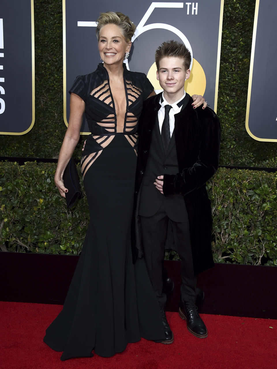 Sharon Stone and Roan Joseph Bronstein arrive at the 75th Golden Globe Awards at the Beverly Hilton Hotel on Jan. 7, 2018. (Photo: Jordan Strauss/Invision/AP)