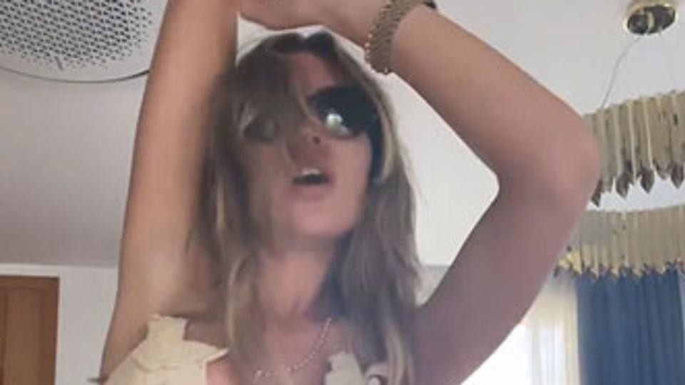 Abbey Clancy dancing in a crocheted bikini