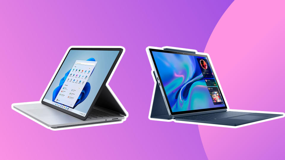 Product shots of two 2-in-1 laptops on a purple background
