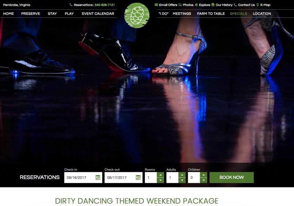 Dort finden noch heute regelmäßige "Dirty Dancing"-Events statt. Viermal im Jahr verwandelt sich die Mountain Lake Lodge in Kellerman's Mountain House, inklusive Tanzstunden, Tour durch die Locations und Tanzparty in Mary's Barn. (Bild: Screenshot mtnlakelodge.com)