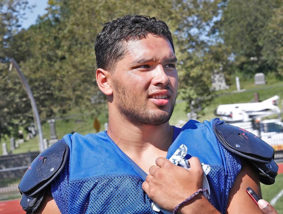 Quincy High senior running back Gabe Rodrigues at practice on Tuesday, Aug. 22, 2023.