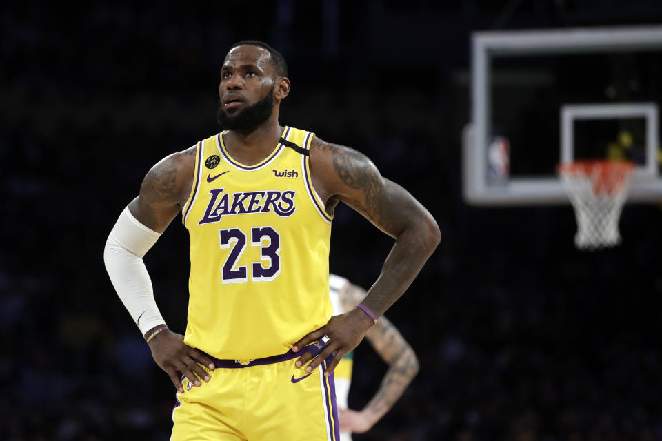 Los Angeles Lakers' LeBron James (23) during the first second of an NBA basketball game against the New Orleans Pelicans Tuesday, Feb. 25, 2020, in Los Angeles. (AP Photo/Marcio Jose Sanchez)