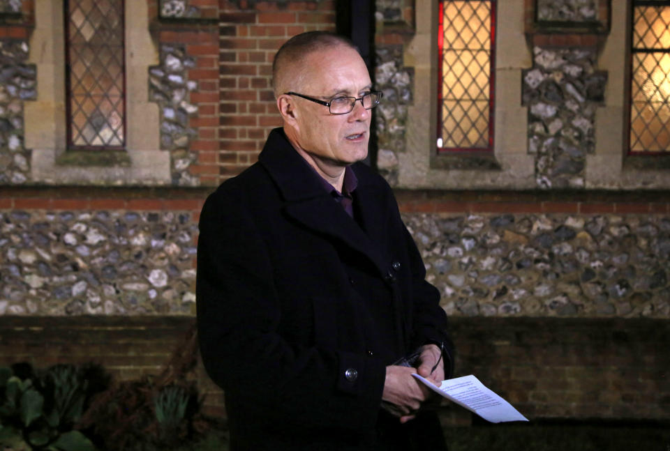 David Hill, father of Stuart and Jason Hill, who were killed alongside Becky Dobson in a helicopter crash in the Grand Canyon speaks to reporters before a memorial service at St. Matthews Church in West Sussex.