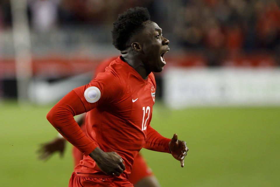 Canada midfielder Alphonso Davies celebrates a goal against the United States during the second half of a CONCACAF Nations League soccer match Tuesday, Oct. 15, 2019, in Toronto. (Cole Burston/The Canadian Press via AP)